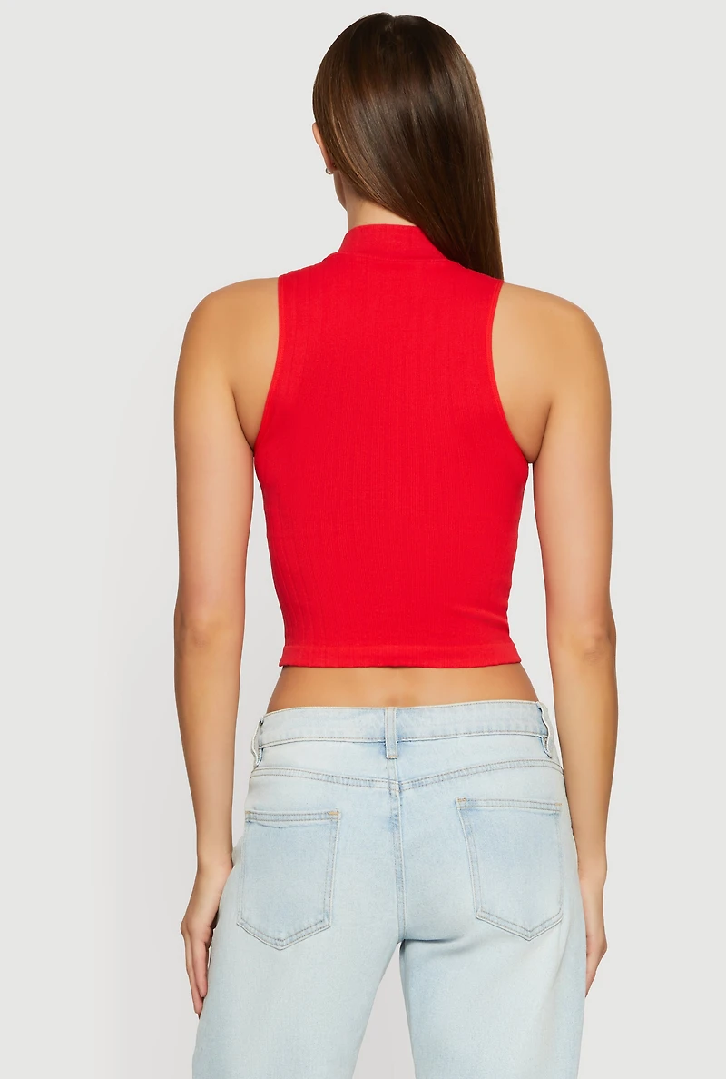 Womens Seamless Ribbed Knit Mock Neck Crop Tank Top, Red, Size L-XL