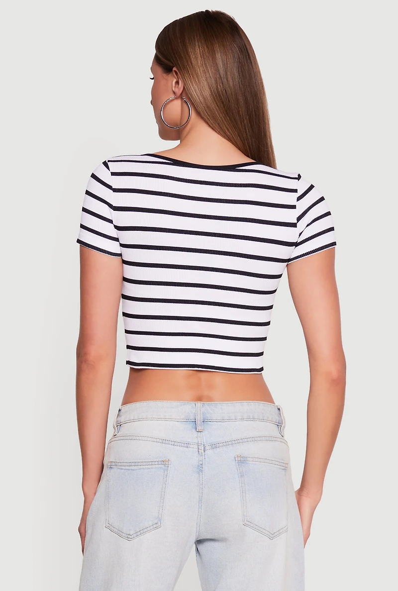 Striped Seamless Short Sleeve Scoop Neck Crop Top