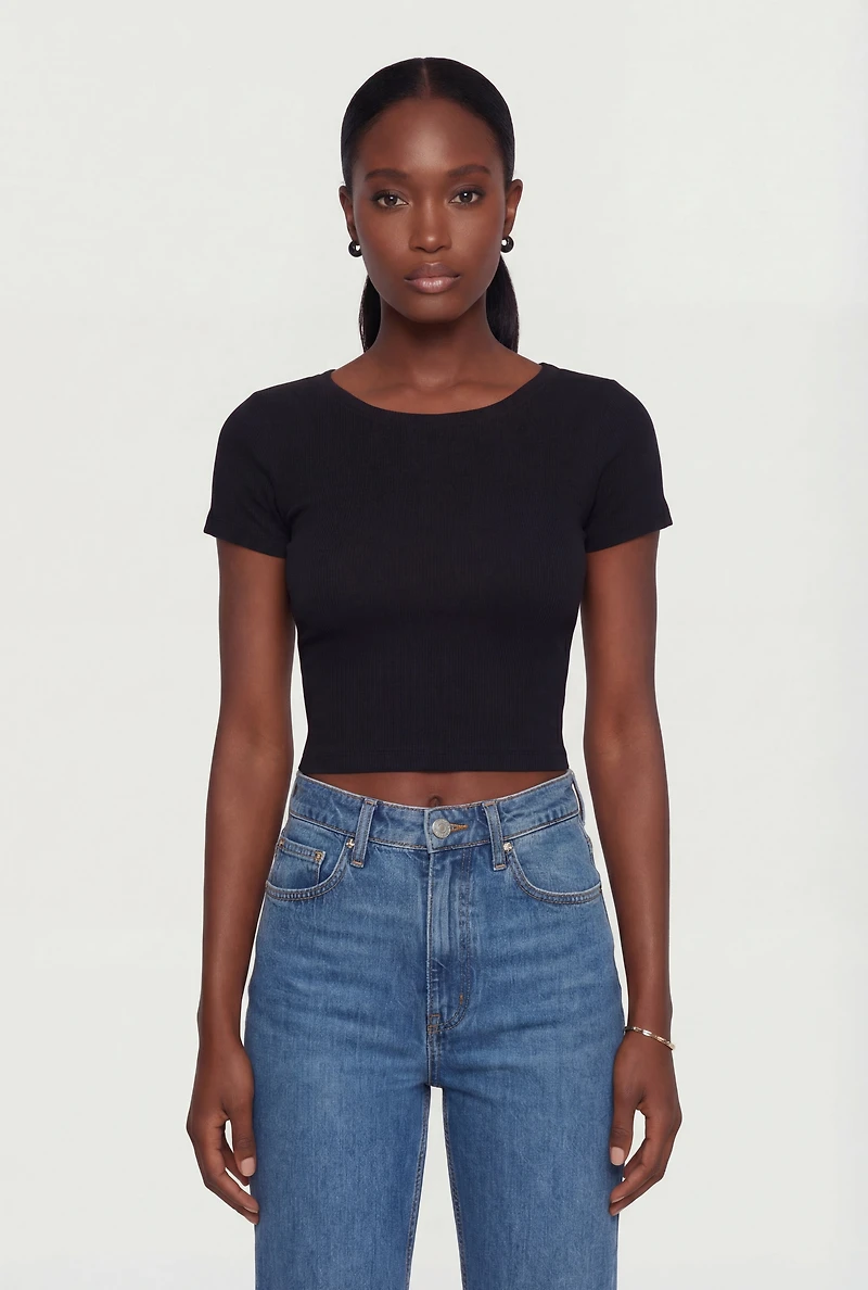 Solid Short Sleeve Crew Neck Crop Top