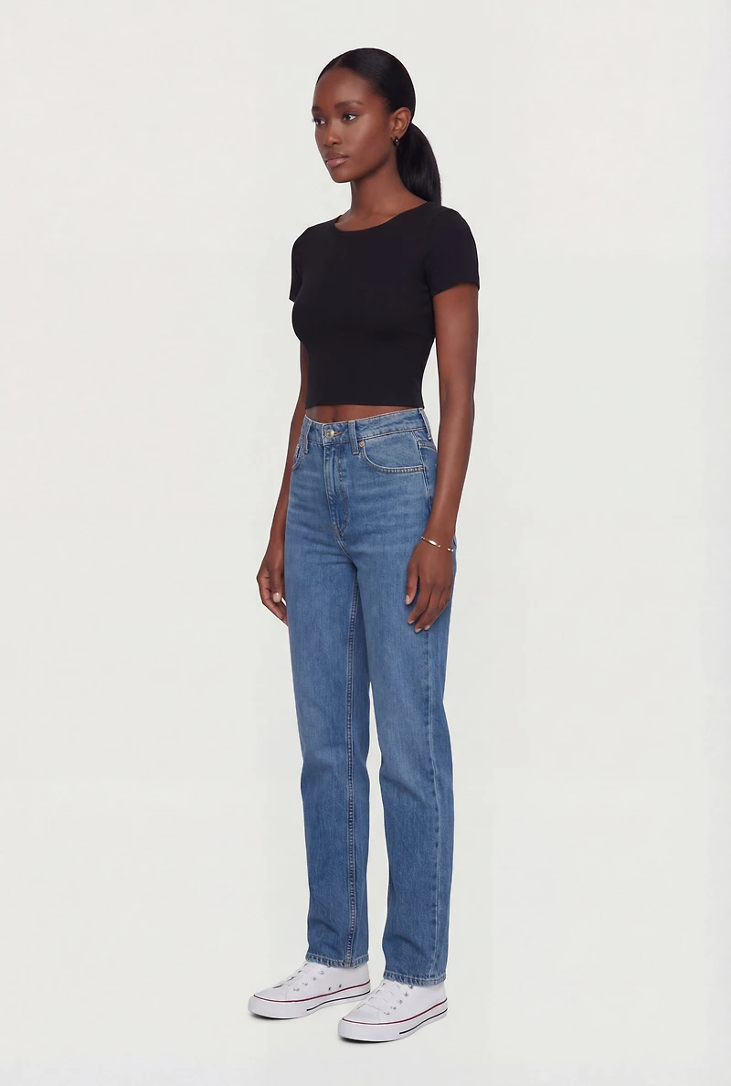Solid Short Sleeve Crew Neck Crop Top