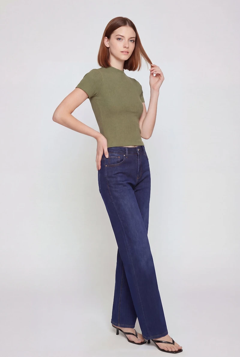 Seamless Rib Knit Mock Neck Short Sleeve Tee