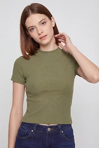 Seamless Rib Knit Mock Neck Short Sleeve Tee