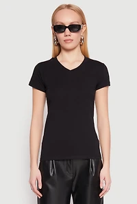 Womens V Neck Short Sleeve Tee, Black, Size L