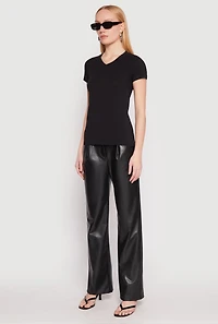 Womens V Neck Short Sleeve Tee, Black, Size L
