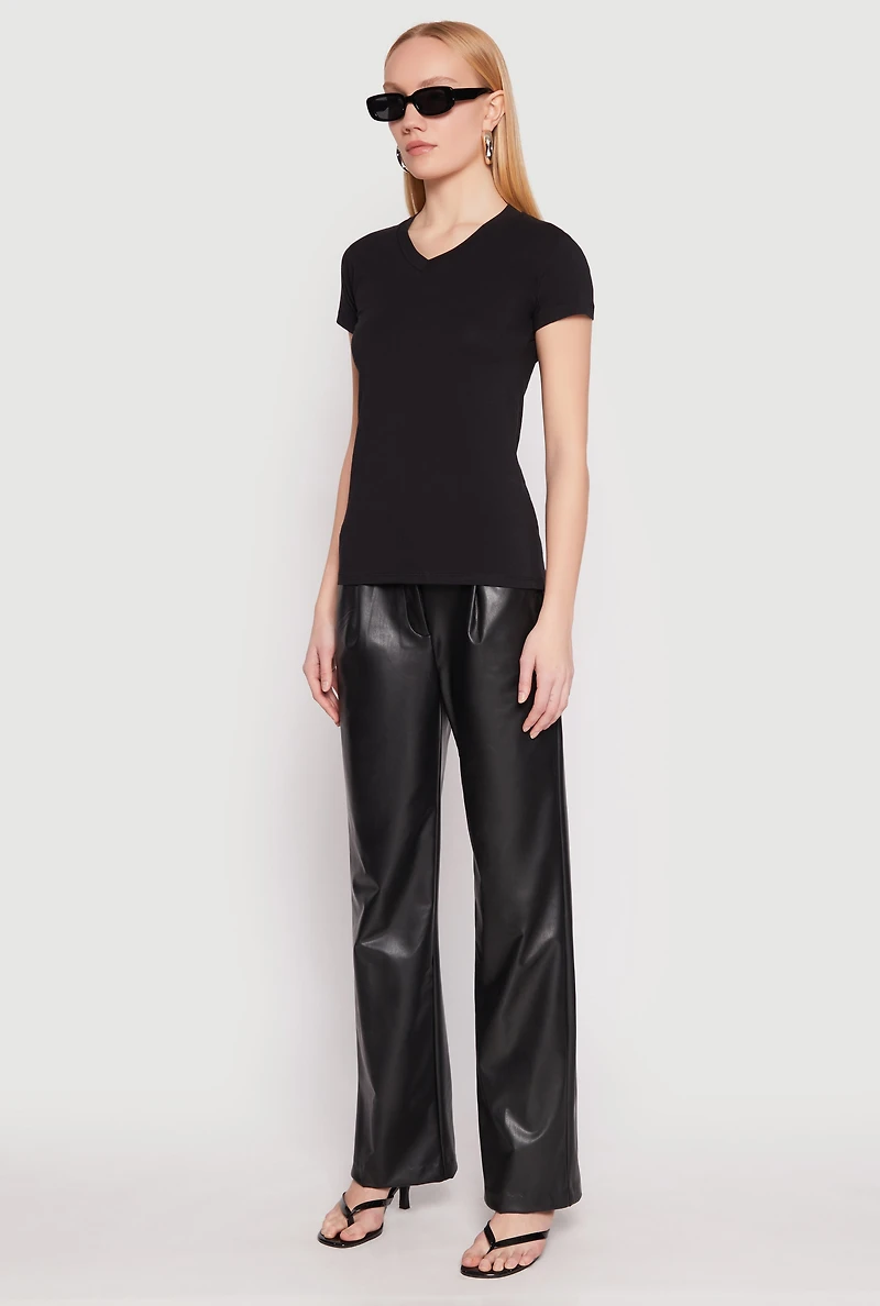 Womens V Neck Short Sleeve Tee, Black, Size M