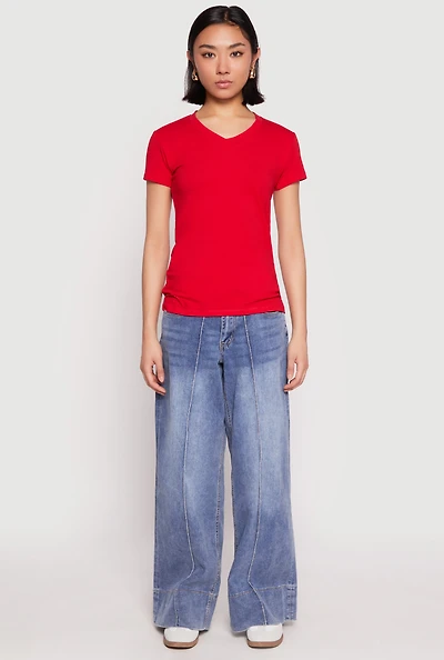 Womens V Neck Short Sleeve Tee, Red, Size M