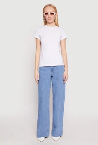 Womens High Neck Short Sleeve Tee, White,