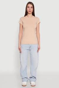 Womens High Neck Short Sleeve Tee, Beige, Size M