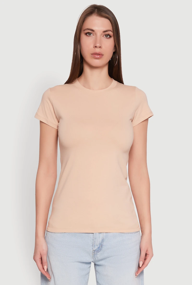 Womens High Neck Short Sleeve Tee, Beige, Size M