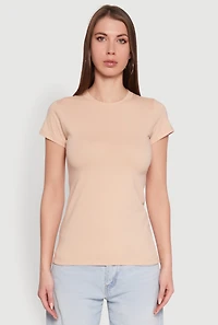 Womens High Neck Short Sleeve Tee, Beige, Size M