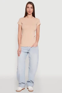 Womens High Neck Short Sleeve Tee, Beige, Size M