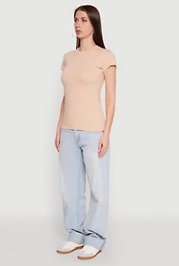 Womens High Neck Short Sleeve Tee, Beige, Size M