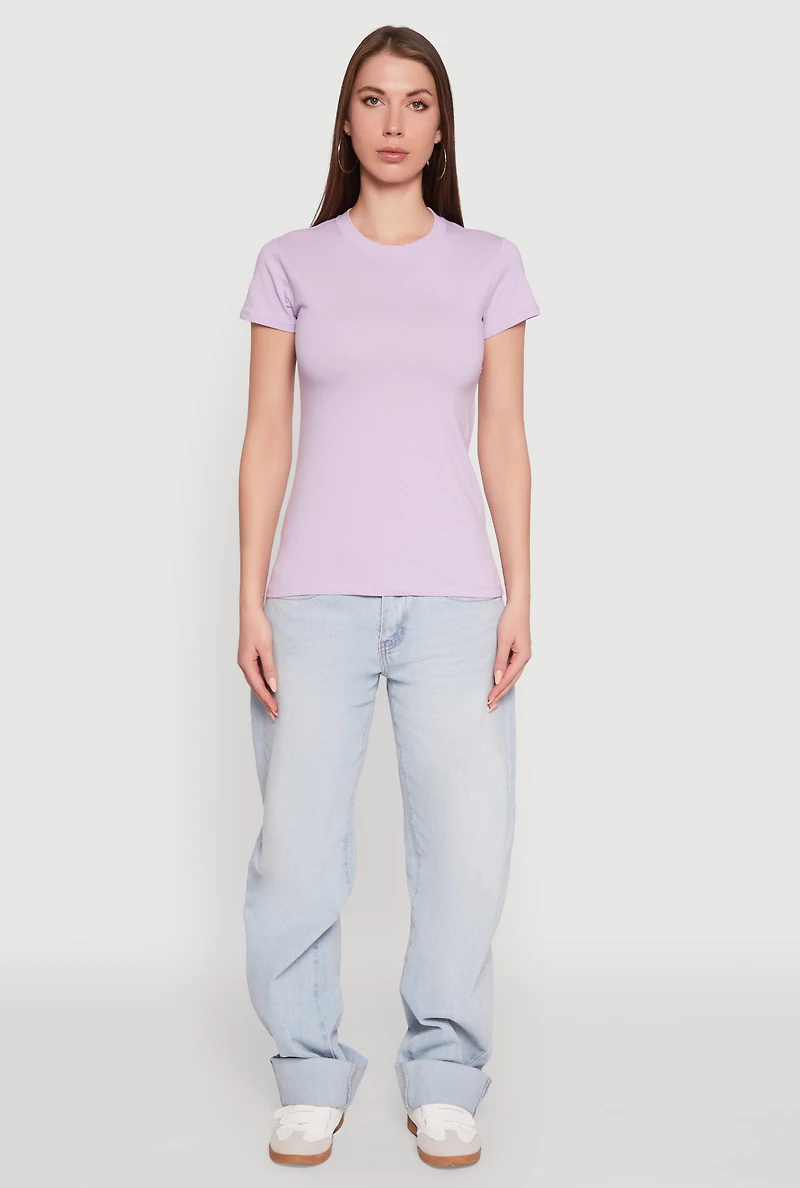 Womens High Neck Short Sleeve Tee, Purple, Size L