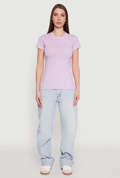 Womens High Neck Short Sleeve Tee, Purple, Size L