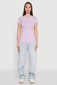 Womens High Neck Short Sleeve Tee, Purple, Size L
