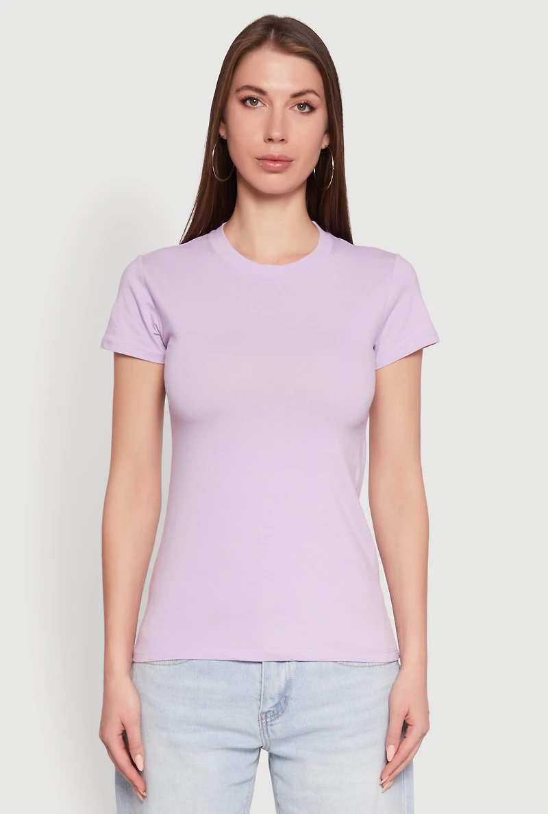 Womens High Neck Short Sleeve Tee, Purple, Size L
