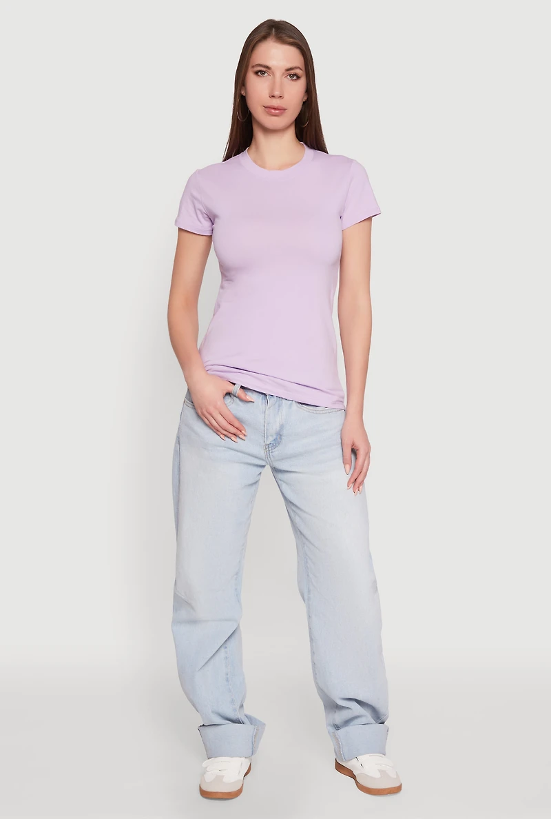 Womens High Neck Short Sleeve Tee, Purple, Size L