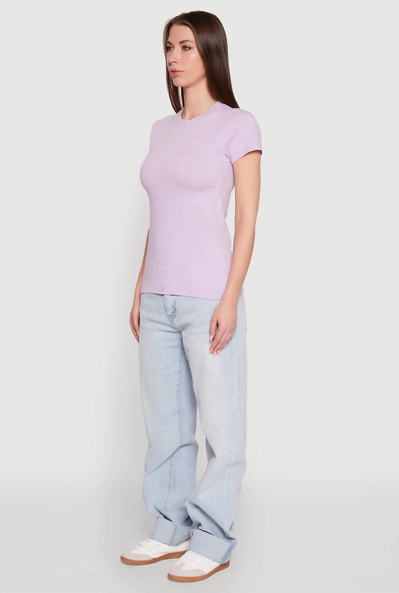 Womens High Neck Short Sleeve Tee, Purple, Size L