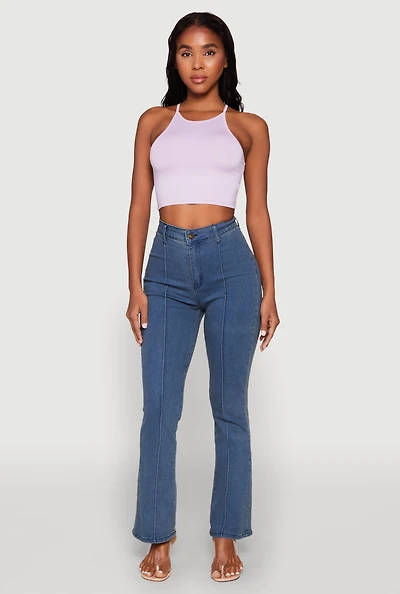 Womens Daisy High Neck Cropped Tank Top, Purple, Size M