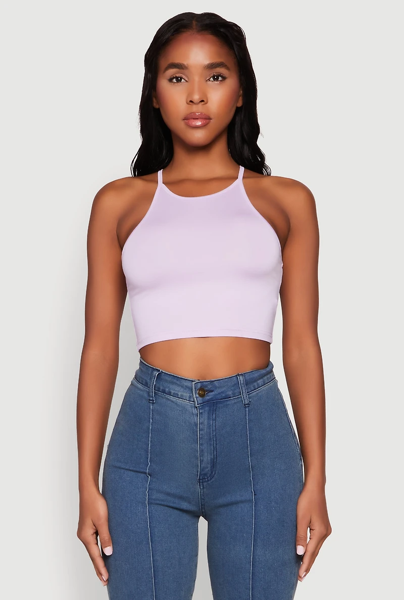 Womens Daisy High Neck Cropped Tank Top, Purple, Size M
