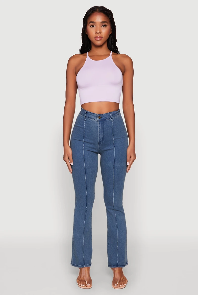 Womens Daisy High Neck Cropped Tank Top, Purple,