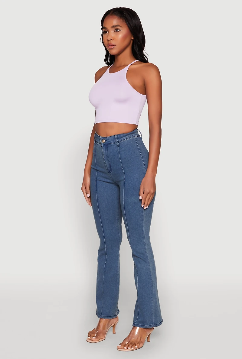 Womens Daisy High Neck Cropped Tank Top, Purple, Size M