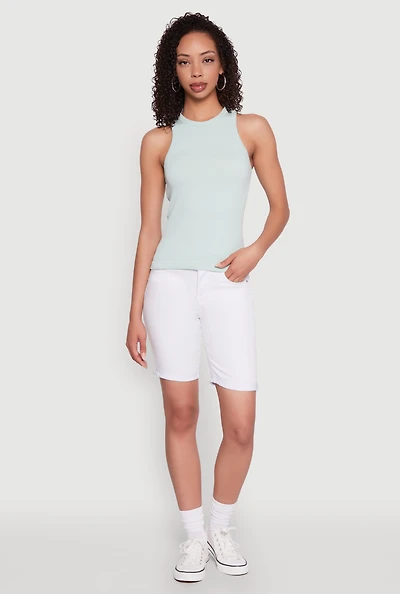 Womens Seamless Rib Knit Crew Neck Tank Top, Blue, Size M