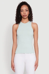 Womens Seamless Rib Knit Crew Neck Tank Top, Blue, Size M