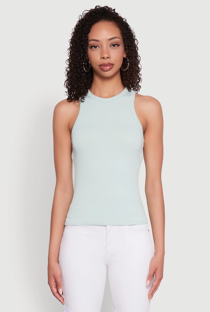 Womens Seamless Rib Knit Crew Neck Tank Top, Green, Size S