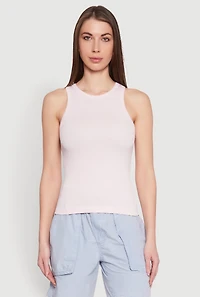 Womens Seamless Rib Knit Crew Neck Tank Top, Pink, Size M