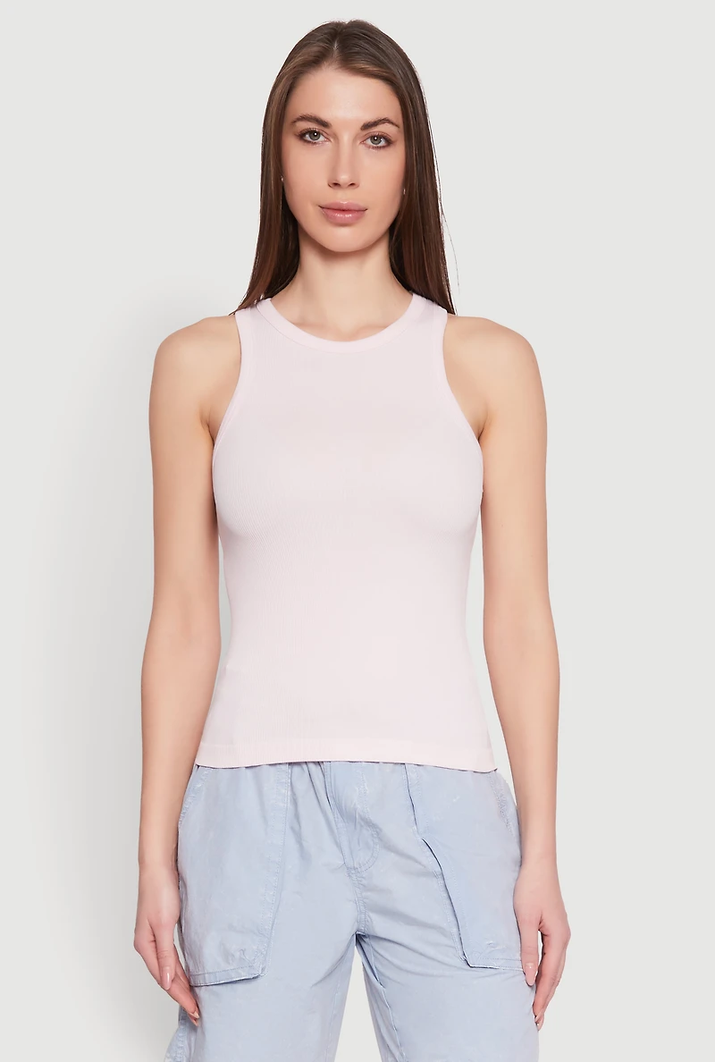 Womens Seamless Rib Knit Crew Neck Tank Top, Pink, Size M