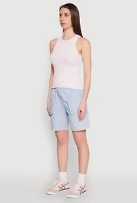 Womens Seamless Rib Knit Crew Neck Tank Top, Pink, Size M