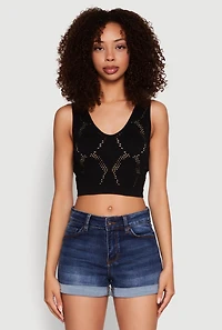 Womens Seamless Laser Cut Cropped Tank Top, Black, Size XL
