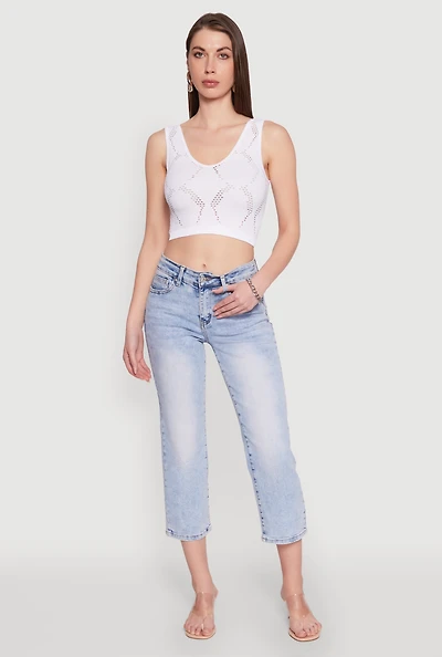 Womens Seamless Laser Cut Cropped Tank Top, White, Size L