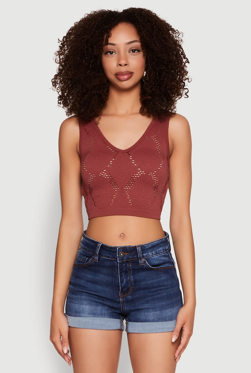 Womens Seamless Laser Cut Cropped Tank Top, Brown, Size L