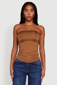 Womens Trendy Side Ruched Tube Top, Brown, Size S