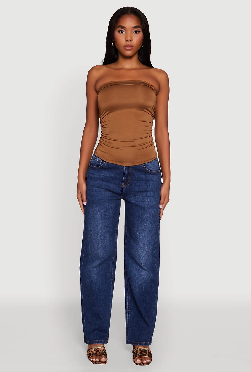 Womens Trendy Side Ruched Tube Top, Brown, Size S