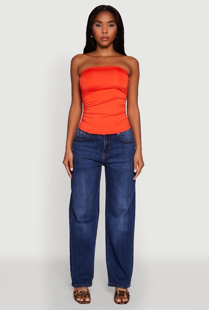 Womens Trendy Side Ruched Tube Top, Orange,