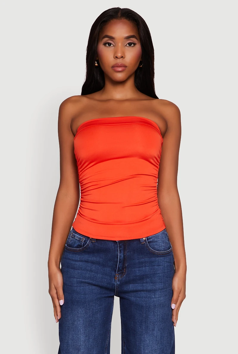 Womens Trendy Side Ruched Tube Top, Orange,