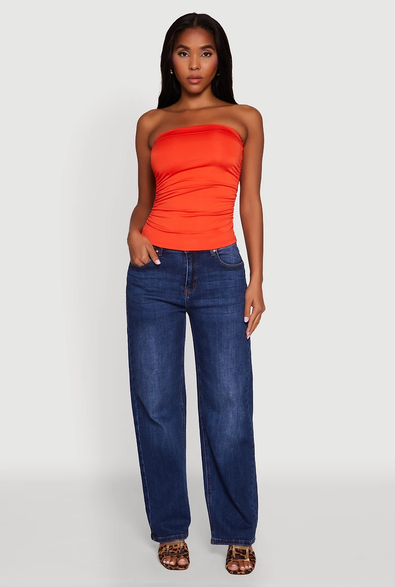 Womens Trendy Side Ruched Tube Top, Orange,