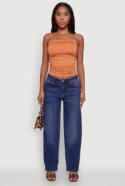 Womens Trendy Side Ruched Tube Top, Orange, Size L
