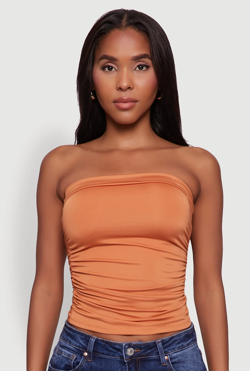 Womens Trendy Side Ruched Tube Top, Orange, Size L