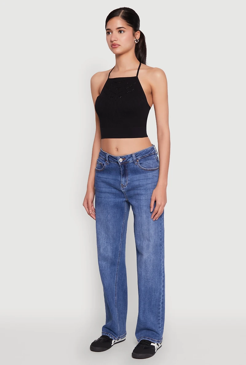 Womens Seamless Laser Cut Cropped Halter Top,