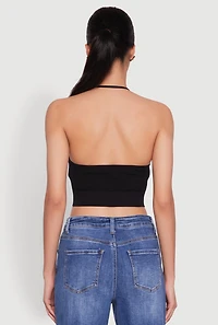 Womens Seamless Laser Cut Cropped Halter Top, Black, Size L