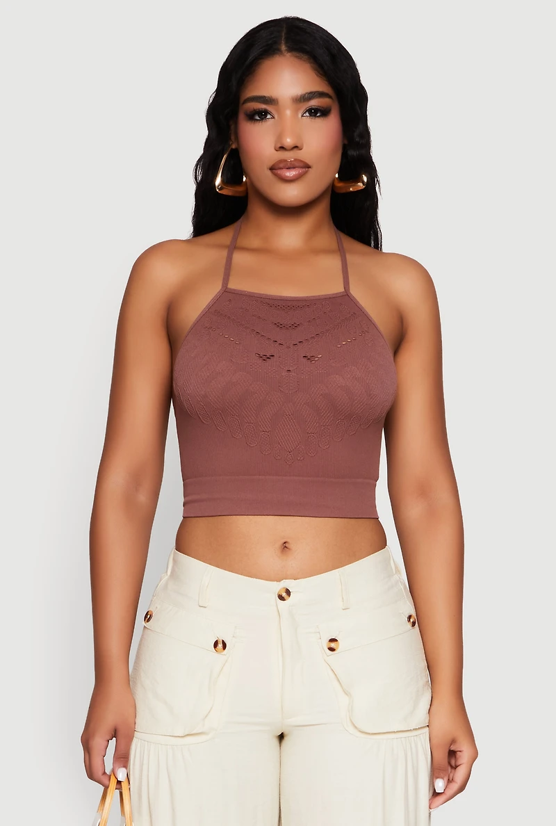 Womens Seamless Laser Cut Cropped Halter Top, Brown, Size M
