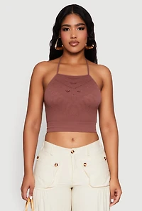 Womens Seamless Laser Cut Cropped Halter Top, Brown, Size M