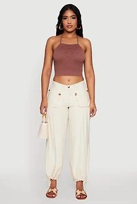 Womens Seamless Laser Cut Cropped Halter Top, Brown, Size M