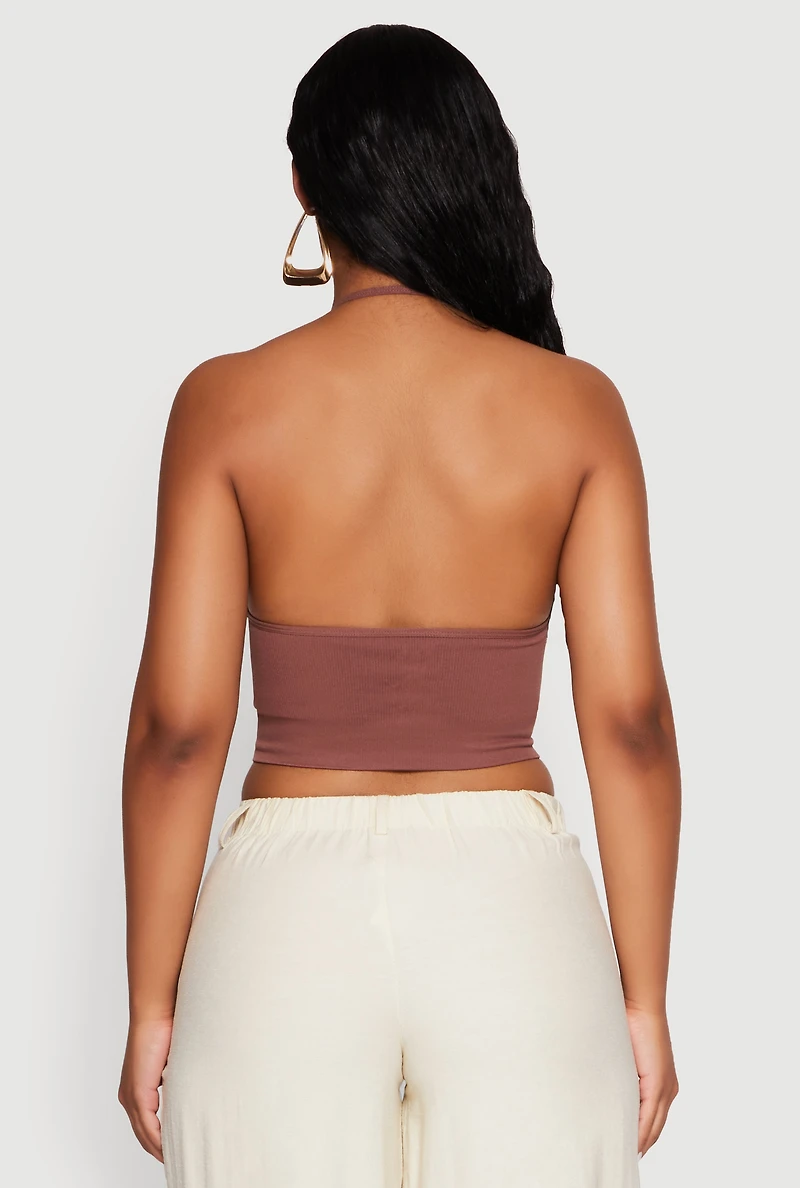Womens Seamless Laser Cut Cropped Halter Top, Brown, Size M