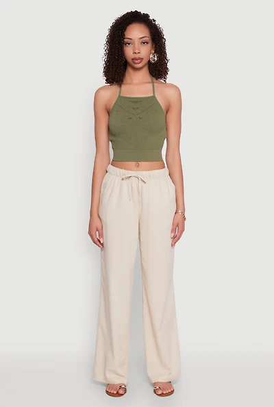 Womens Seamless Laser Cut Cropped Halter Top, Green, Size L