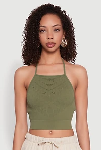 Womens Seamless Laser Cut Cropped Halter Top, L